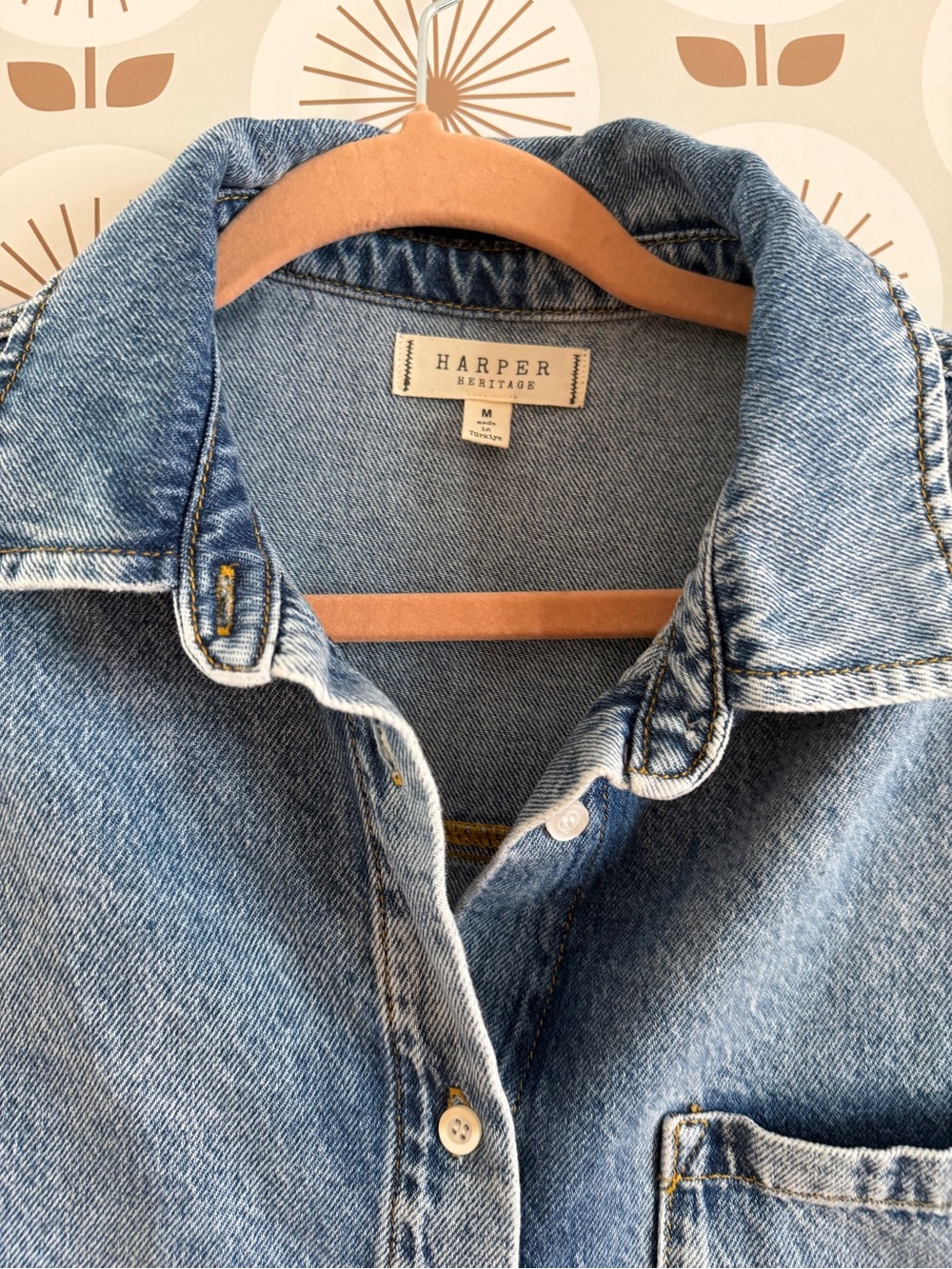 Francesca's Collections Cropped Denim Button-Down Shirt - Blue - Picture 2 of 4